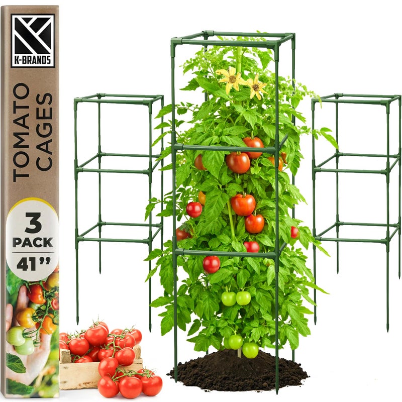 K-Brands Tomato Cage Square - Large Trellis Stakes and Plant Support Structures for Vegetables and Climbing Plants - Tall Tomato Cages for Garden  Pots  Raised Garden Bed Outdoor Supplies (3 Pack - Up to 41"") - Image 1